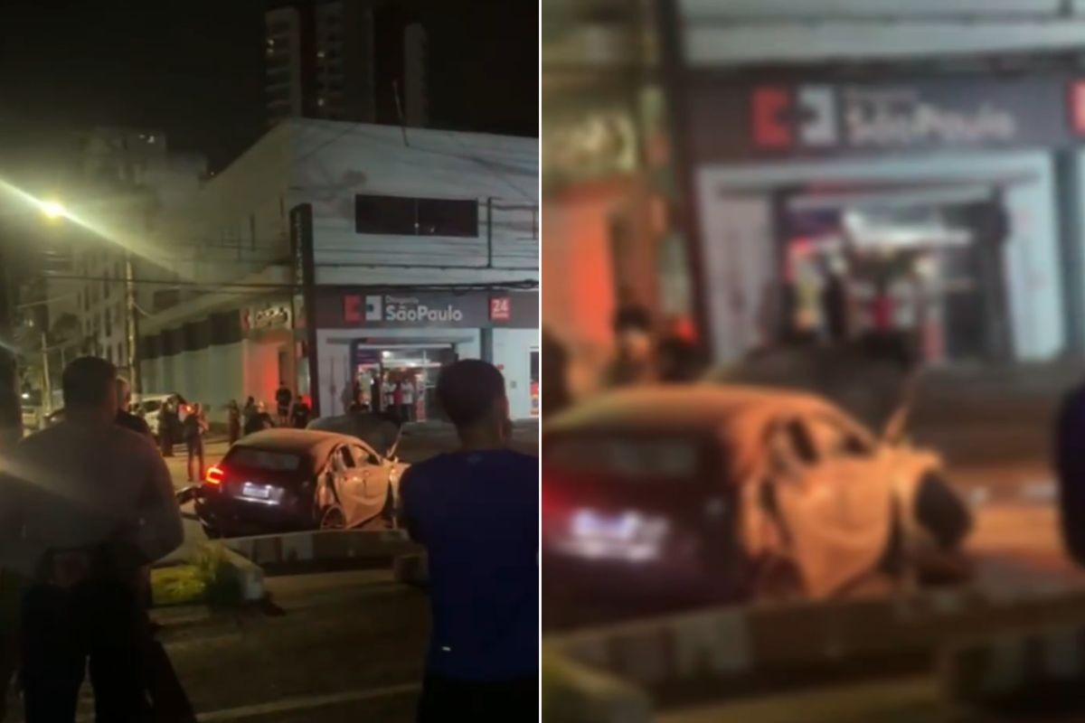 Acidente em Guarujá: carro pega fogo após bater em poste e fere homem