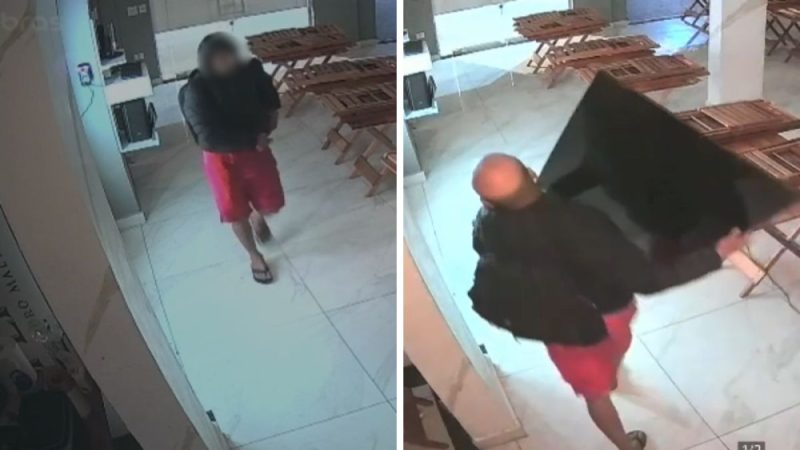 Câmeras flagram furto em pizzaria de ex-jogador do Santos em Praia Grande